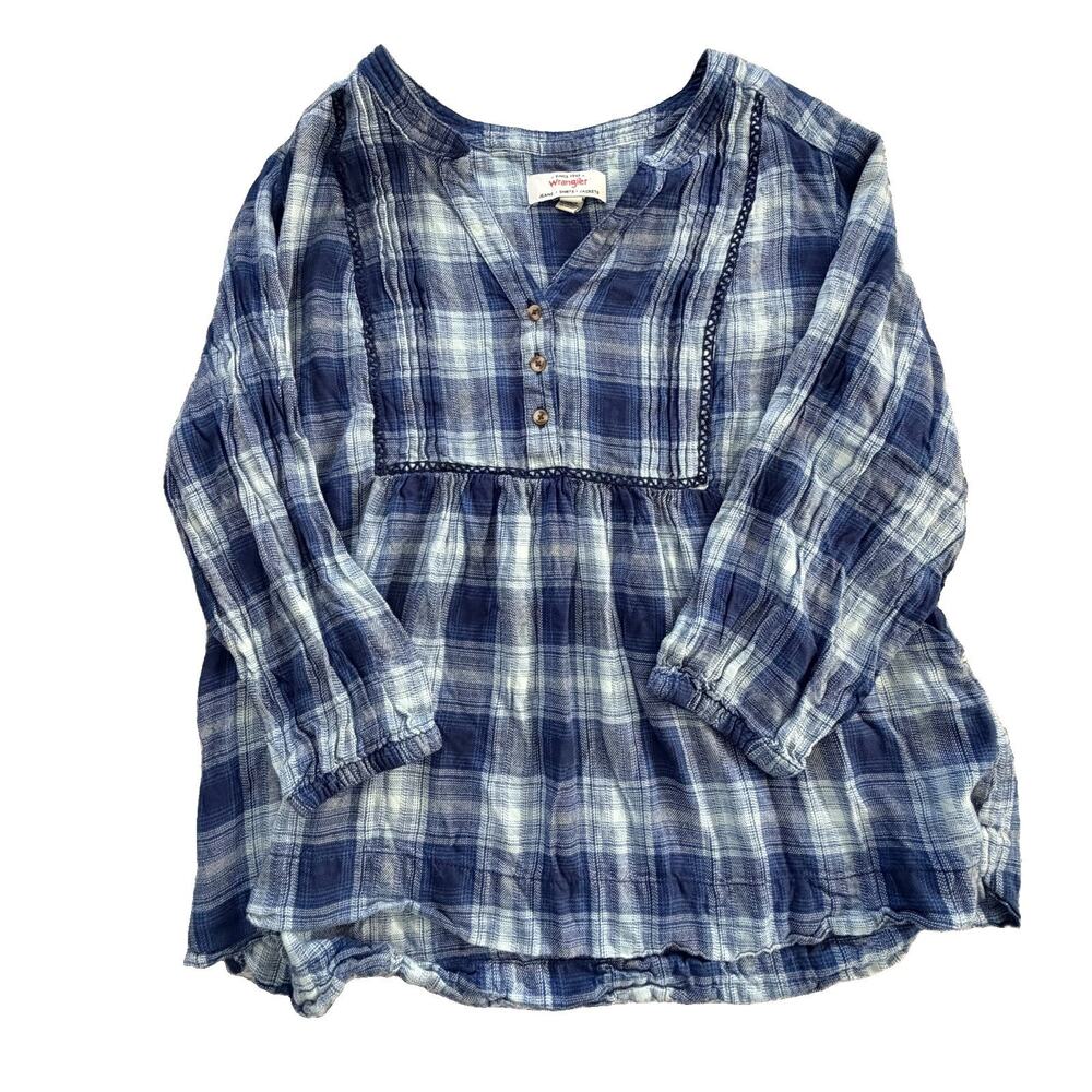 Wrangler Plaid Pintuck 3/4 Sleeve Viscose Top Women’s Size Large L Indigo Blue